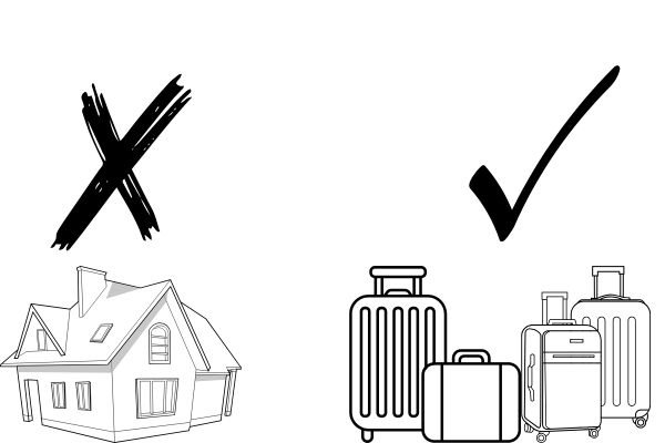 A house image with an x on top and suitcases image with a tick on top.