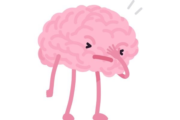 A brain cartoon with hands covering its face, expressing sadness or shame